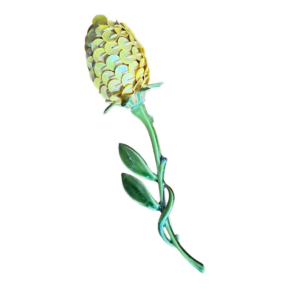 Vintage MCM Enamel and Sequin Yellow Rosebud Brooch Pin with Green Stem & Leaves